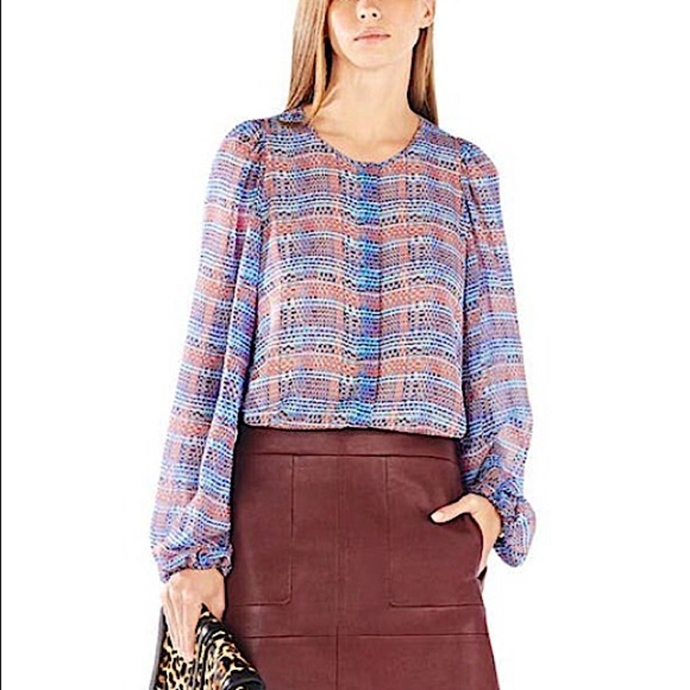 BCBG silk semi-sheer plaid “Sofiya” blouse